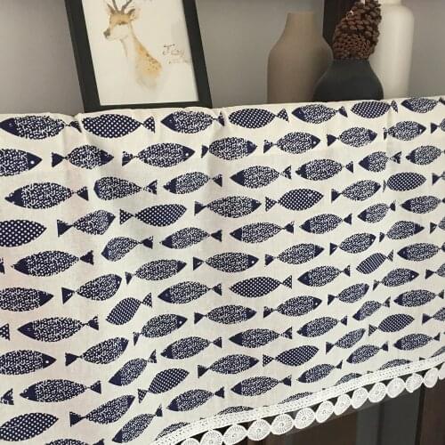 Japanese Style Blue Fish Pattern Cotton Linen Cloth curtain with Fashion Hem Short curtain for Bar Kitchen Door Custom Size