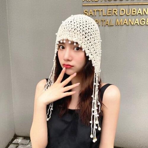 JINGRUE New women hollow-out design autumn winter crystal pearl knitted beanies Knitting hat gorras