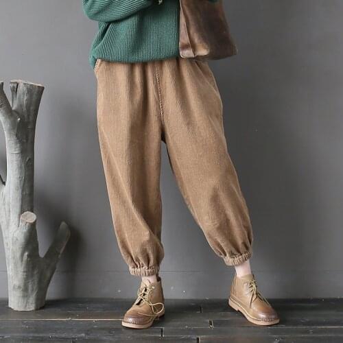 Women Cotton Retro Elastic Waist Solid Color Pants Ladies Vintage Casual Washed Pants Corduroy Trousers