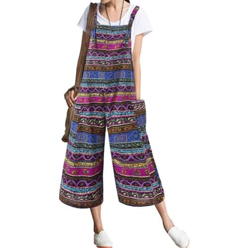 Women Loose Suspender Jumpsuits Nation Styly Cropped Pants Summer Ladies Geometric Printing Large Size Casual Wide Leg Trousers
