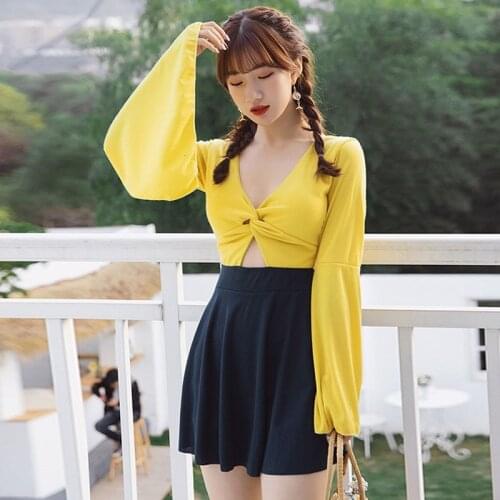 Japanese And Korean Style Swimwear Womens Color Block One-Piece Swimsuit Sweet Backless Dress
