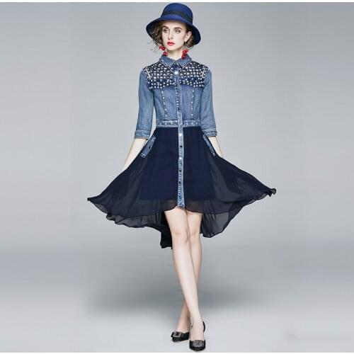 JSXDHK Luxury Designer Summer Irregular Dress Fashion Women Diamonds Denim Hollow Out Patchwork Chiffon Lapel Collar Shirt Dress