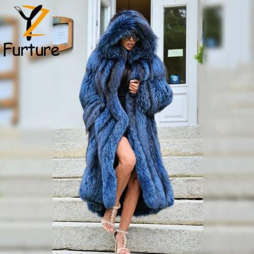 Women Luxury Natural Fox Fur Blue Coat Winter Genuine Sliver Fox Fur Jacket With Big Fur Hooded Long Overcoat Warm Outerwear New