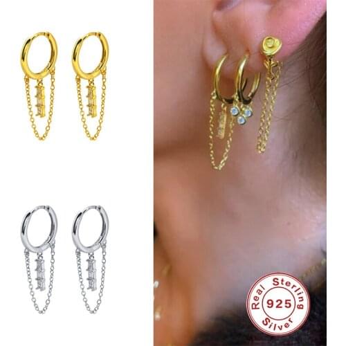 GS 925 Sterling Silver Gold Hoop Earrings For Women Cubic Zirconia Jeweled Chain Tassel Circle Earring Party Fine Jewelry Gift