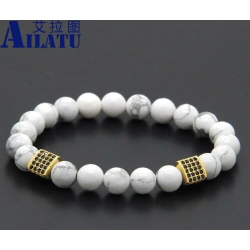 Ailatu 10pcs/lot New Arrival 8mm White Howlite Marble Stone with Triangle Cubic Zirconia Mens Energy CZ Bracelets Party Gift