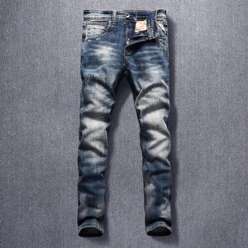 Italian Style Fashion Men Jeans Distressed Retro Blue Elastic Slim Fit Ripped Jeans Men Streetwear Vintage Designer Denim Pants