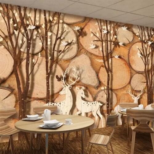 Wellyu Nordic forest elk abstract wood plank wood grain bird TV background wall custom large mural green wallpaper