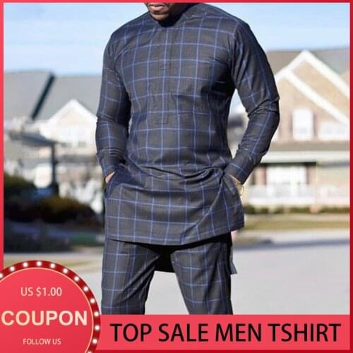 Ethnic Men T-Shirt Long Sleeve Plaid Print Mid-Length Spring Fall Tops African Fashion Muslim Male Plus Size 4xl Simple Tee New