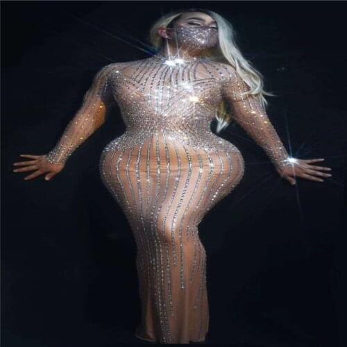 H05 Female pole dance stage costumes rhinestones evening long dress elastic long sleeve crystal hip skirt sequin outfit party dj