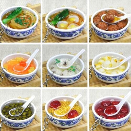 Simulation Rice Food Key Chains Noodle Creative Keychain Chinese Blue and White Porcelain Food Bowl Mini Gift Bag Pendant