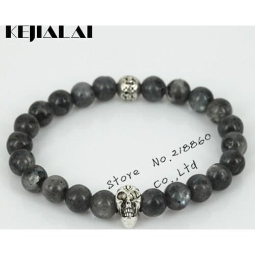 KEJIALAI 1pcs Beaded Cavemous Skull Head Men Beads Bracelet Silver Color Natural Black Iron Ore Stone Bead Charm Women Bracelet