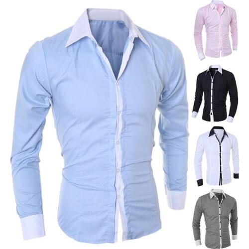 Business Men Turn Down Collar Long Sleeve Color Block Cotton Prom Slim Shirt