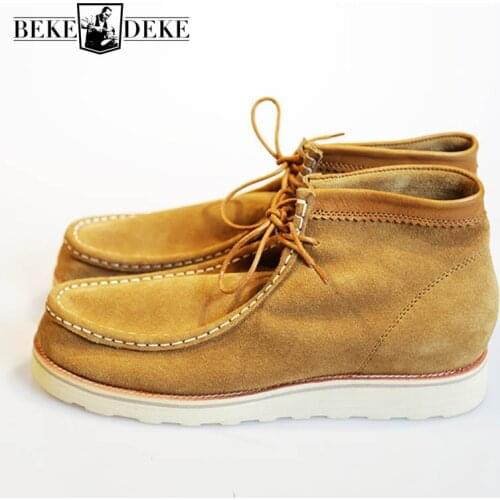 American Handmade Cow Suede Motocycle Ankle Boots Men Unisex Casual Lace Up High Top Work Shoes Men Vintage Flats Boots