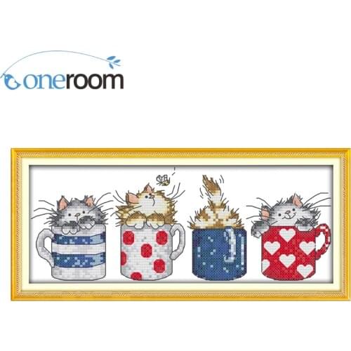 Oneroom Cats Hide in the Cups Patterns Counted Cross Stitch 11CT 14CT Cross Stitch Sets Chinese Cross-stitch Kits Embroidery