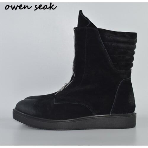 Owen Seak Arriva Men Shoes High-TOP Ankle Luxury Trainers Genuine Leather Sneaker Winter Boots Casual Brand Zip Flat Black Shoes