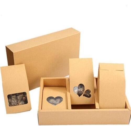 16 *8cm Cookies Nuts Gift Packaging Bags Stand Up Kraft Paper Boxes With Heart Shape Clear Window Pocket