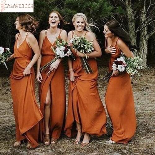 Taffeta Burnt Orange Bridesmaid Dresses A-Line Spaghetti Elegant Dress Women for Wedding Party High Slit robe mariage femme