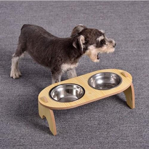 Raised Dog Cat Food Water Bowl Wood Frame Slanted Pet Feeding Stainless Steel Food Dispenser Tilt Angle Protect Cats Spine