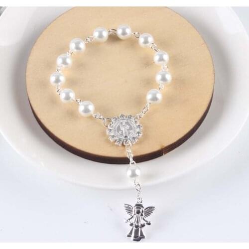 50pcs/lot Religious Bracelet white Glass Pearl Imitation Rosary Childrens Communion Babys Baptism Favors Catholic Mini Rosary
