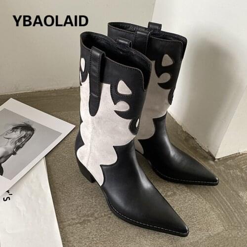 Retro Stitching Printing Pointed Toe Cowboy Boots Autumn and Winter Fashion Sleeve Mid-heel Leather Short Boots Smoke Tube Boots