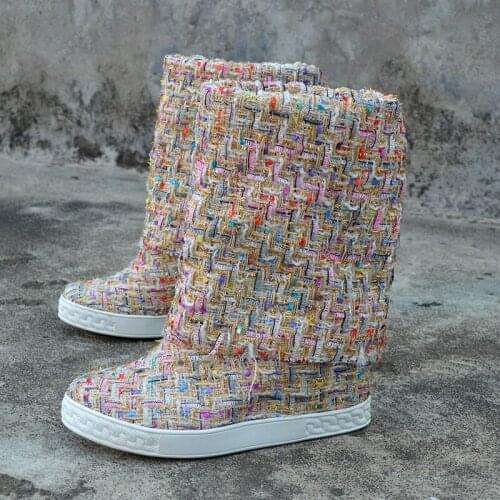 Chaussures Femme 8CM Height Increasing Candy Color Mid Calf Boots Woman Leather Riding Short Winter Wide Boots Wedges Snow Botas