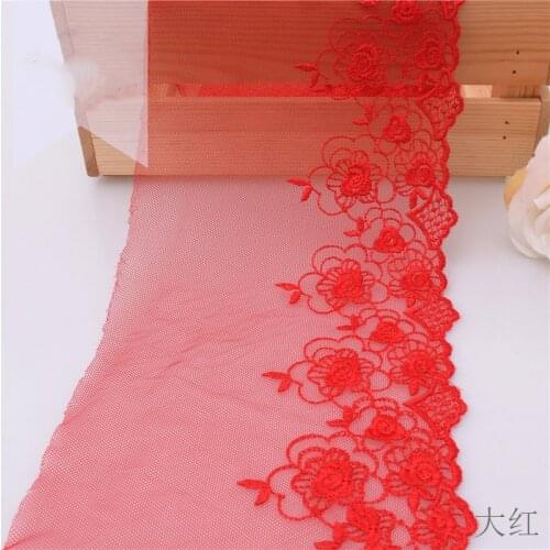 40Yards Red Flower Edge Embroidered Lace Trim Mesh Tulle Fabric For Lingerie Underwear Bra Dolls Dress Decoration 14cm Width