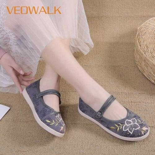 Veowalk Jacquard Cotton Women Embroidered Mary Janes Flats Ladies Comfort Vegan Shoes Retro Handmade Woman Canvas Sneakers