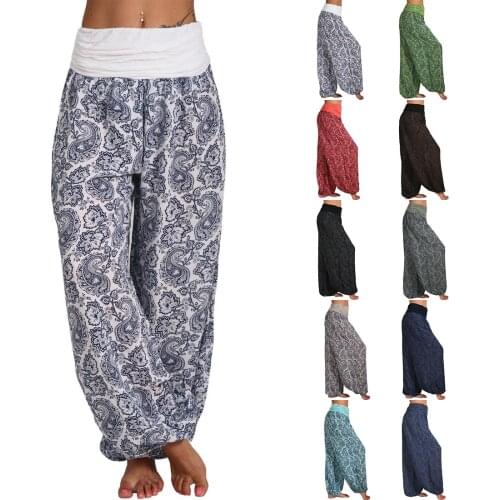 Women Bohemian Floral Print Long Pants 2021 Mid Waist Vintage Harem Pants Elastic Waist Boho Beach Trouser Plus Size 5XL