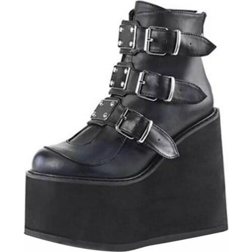 PU Leather Gothic Black Boots Women Heel Sexy Chain Chunky Heel Platform Boots Female Punk Style Ankle Boots Zipper Heels Shoes