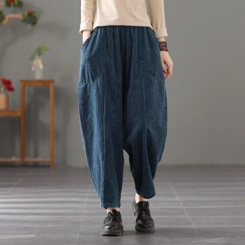 2021 Autumn Winter New Corduroy Pants Women Retro Casual Trousers Ladies Elastic Waist pocket Striped Vintage Pants