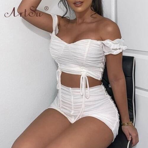 ArtSu Summer Club Matching Suit Outfits Wear Sexy Off Shoulder Crop Top And Shorts Bodycon Mesh Women Two Piece Set White Pink