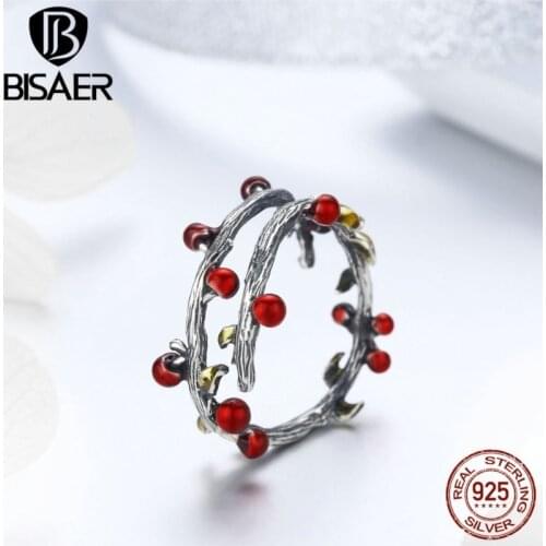 BISAE Vintage 925 Sterling Silver Adjustable Autumn Branch Tree Leaves Finger Rings for Women Wedding Silver Jewelry Ring ECR442