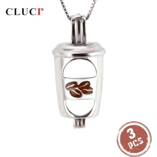 CLUCI 3pcs Silver 925 Coffee Cup Pearl Pendant Women Fine Jewelry 925 Sterling Silver Cage Pendant Pearl Locket SC199SB