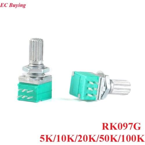 5pcs RK097G 5K 10K 20K 50K 100K Potentiometer with Switch Audio 6pin Handle Length 15mm Amplifier Sealing