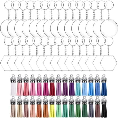 120 Pcs Acrylic Keychain Blanks with Key Rings Jump Rings Round Clear Discs Circles Colorful Tassel Pendants for DIY Projects Cr