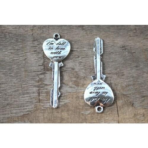 8pcs--Key charms,Antique silver " I'm fall in love with you " Heart Shape Key Charm Pendants 21x57mm
