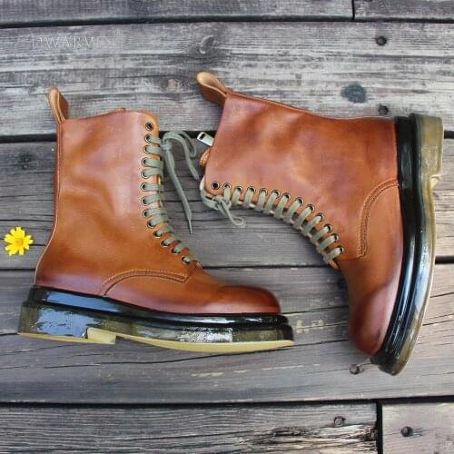 Handmade Genuine Leather Martin Boots Women Biker Boots Lace-Up Combat Boots Chunky Ankle Boots 2020 Winter Boots Camel