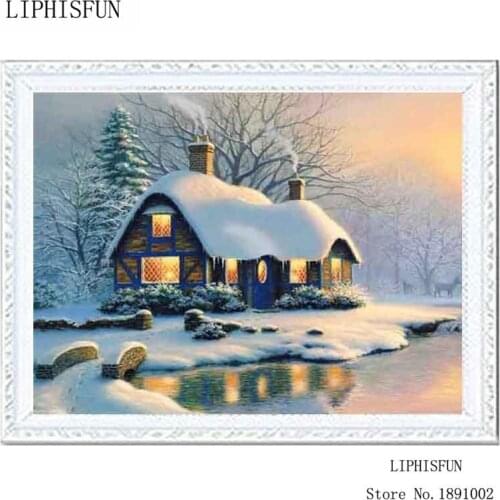 DIY 5D Diamond Painting Cross Stitch Kits Needlework Resin Square Full Embroidery Riverside Cottage Winter Christmas Decoration