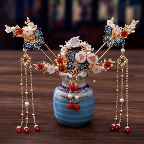Chinese Tassel Buyao Ancient Costume Updo Pin Butterfly Simple Classical Cloisonne Ancient Style Head Accessories