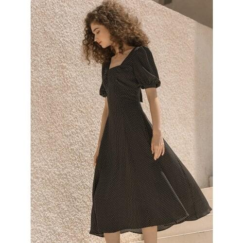 Summer Original Design Women Vintage Elegant Slim Hepburn Black Bohemian Vacation Polka Dots Dresses