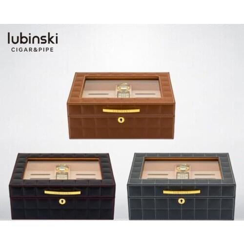 LUBINSKI Genuine Leather Cigar Cigarette Humidor W/Humidifier Hygrometer Tobacco Storage Case Holder Fit 50 Cigars For Cohiba