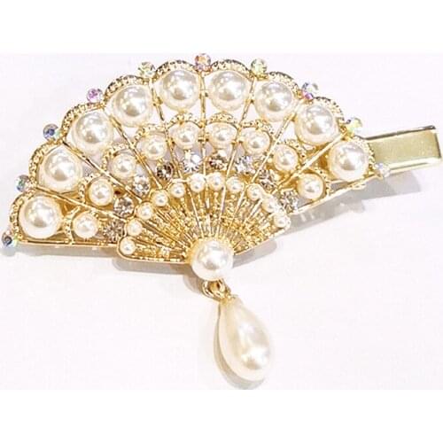 Fashion Ladies Pearl Hairpin With Rhinestone Sector Multicolor Natural Art Crystal Hairclip Gift