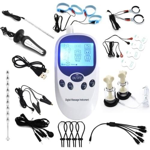 Electro Shock Kit BDSM Nipple Clamp Electrical Stimulation Anal Plug Penis Plug Cock Ring Massage Pad USB Charge Host SM Sex Toy