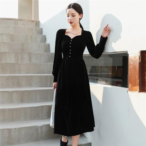 French Style Dress Autumn Winter Black Velvet Dress Women Long Sleeve Vintage Party Dresses High Quality Fashion Vestidos