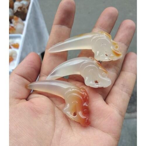 Nature chalcedony Carven Tiger Tooth Amulet pendant with agate bead Necklace talisman