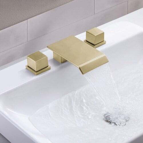 Luxury Brass Waterfall Widespread Bathroom Sink Faucet Three hole Two handle Basin mixer faucet Copper cold hot basin faucet