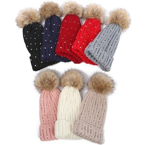 Pearl Keep Warm Knit Elasticity Women Pompom Hat Earflaps Winter Girl Fashion New Skull Cap Crimping Beanie