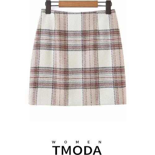 TMODA319 2020 Autumn Winter Women Plaid Pattern Tweed Skirts Faldas Mujer Zipper Female Mini Skirt Kawaii Skirt