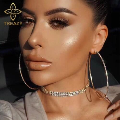 TREAZY Classic Popular Rhinestone Circle Earrings Simple Big Round Earrings Silver Color Crystal Hoop Earrings For Women Girls