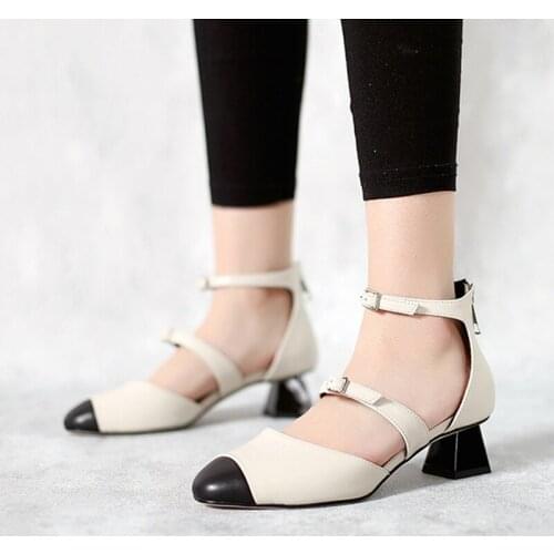 4cm med heels mixed colors round toe shallow summer concise elegant buckle straps brand concis office women pumps HL352 MUYISEXI